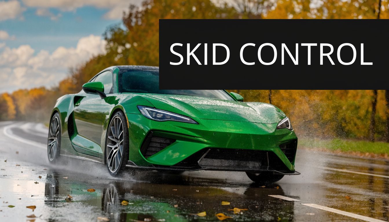 A sleek green sports car driving on a wet road, demonstrating effective skid control during a rainy day.