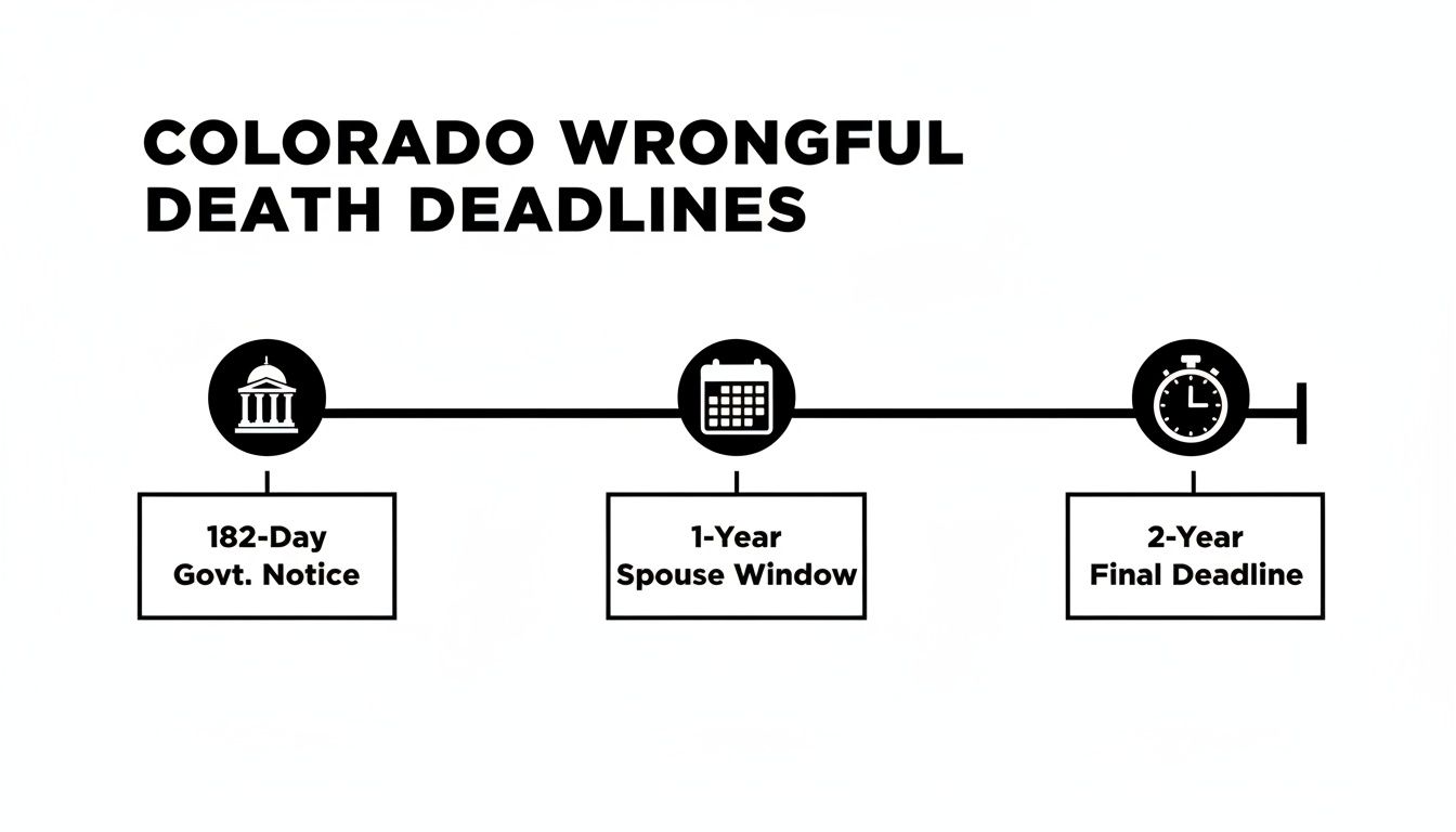 Timeline illustrating Colorado wrongful death legal deadlines, including government notice, spouse window, and final deadline.