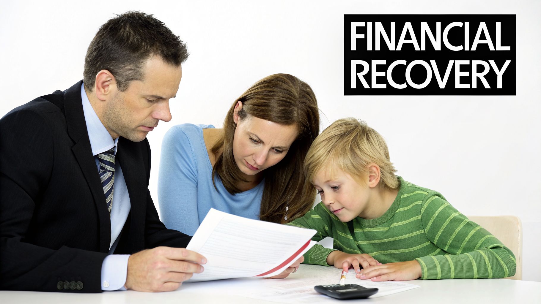 A family and financial advisor reviewing documents, with 'FINANCIAL RECOVERY' text overlay.