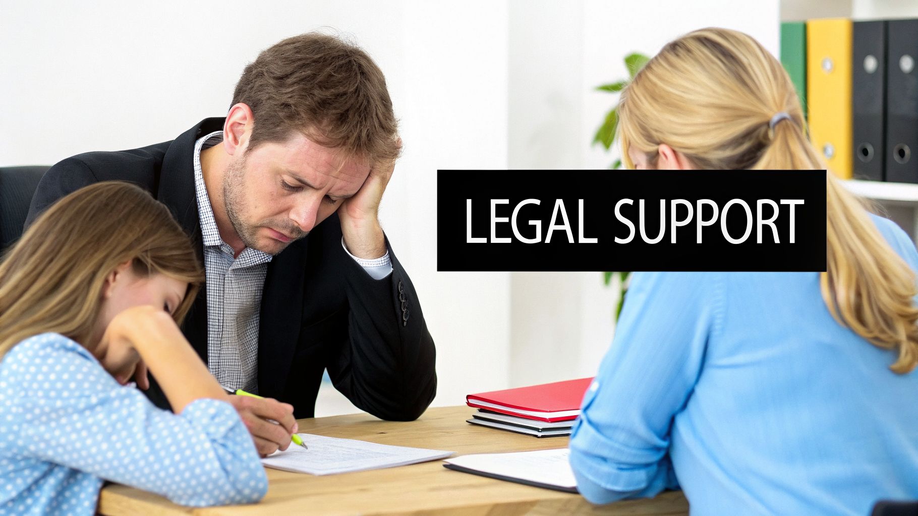 A distressed man and a young person at a table, receiving legal support, conveying emotional difficulty.