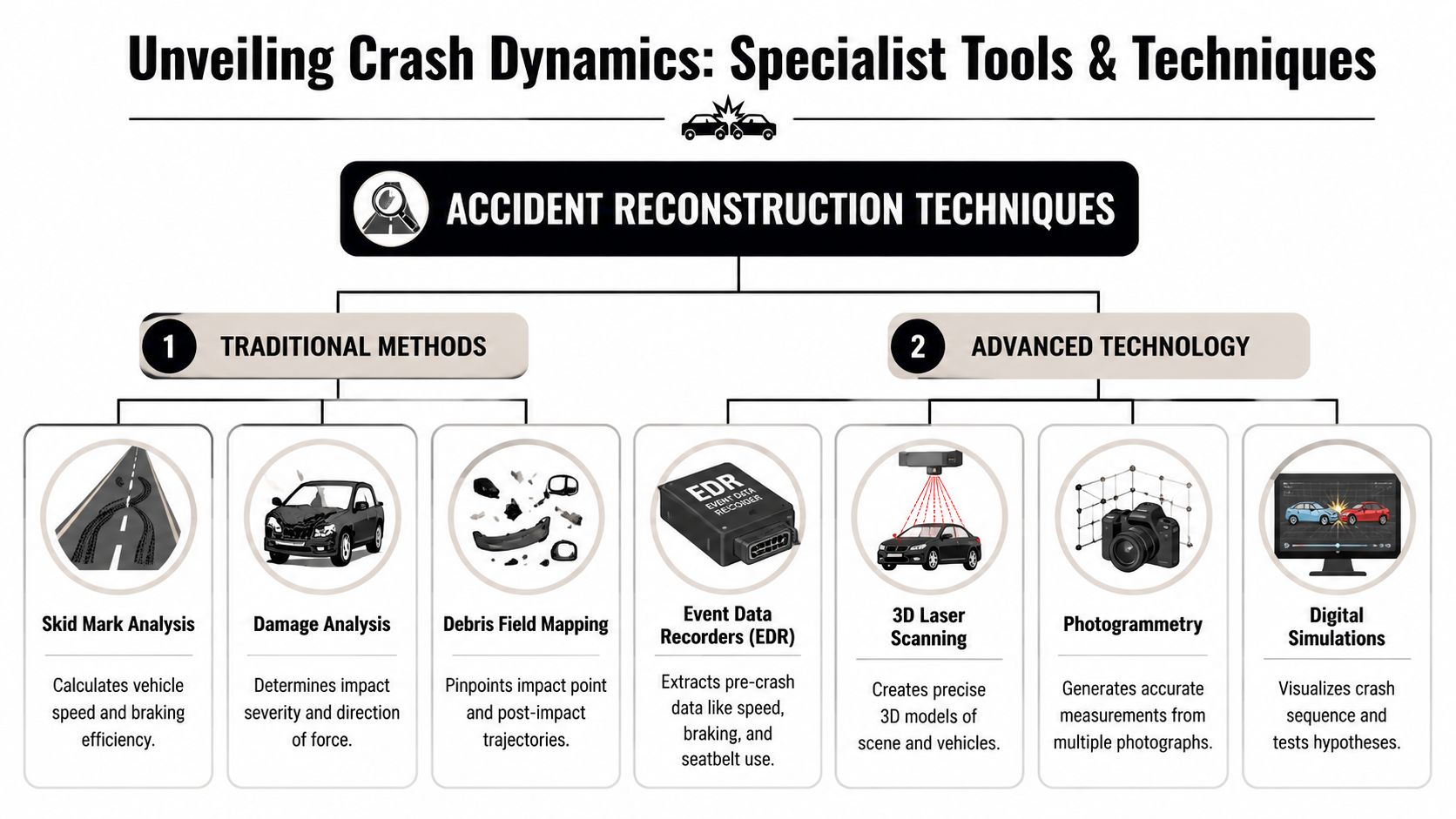 A diagram illustrating traditional methods and advanced technology used in accident reconstruction for analyzing vehicle crashes.