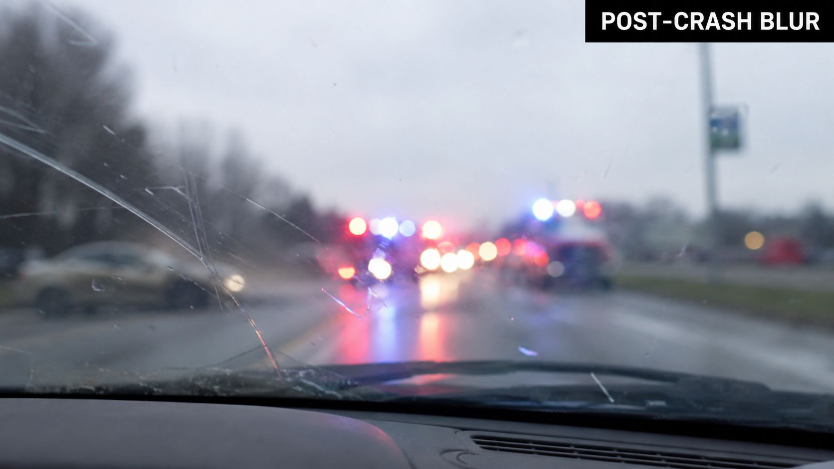 A view through a cracked car windshield looking toward emergency vehicles with flashing lights at a crash scene.