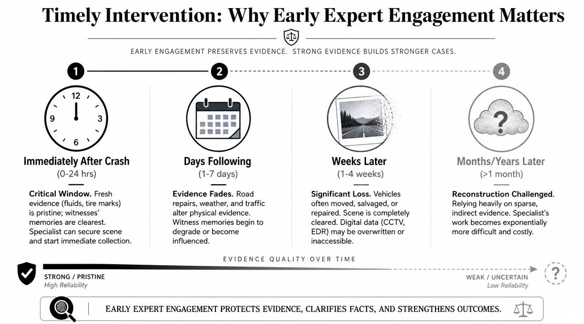 A timeline graphic showing why timely expert engagement is critical for preserving evidence after a vehicle crash.