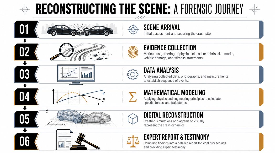 An infographic showing six steps for forensic accident reconstruction, from scene arrival to expert testimony.