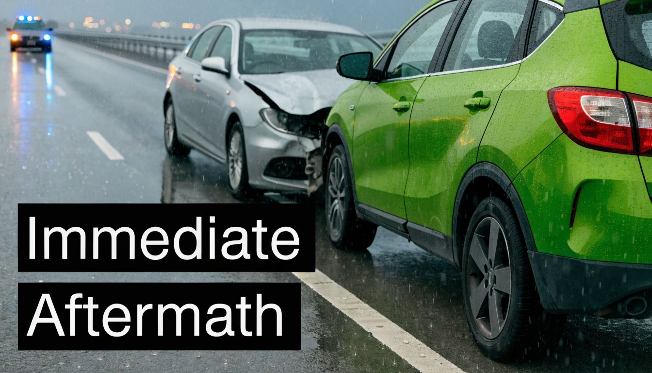 A silver car and a green car involved in an accident on a wet road with police.