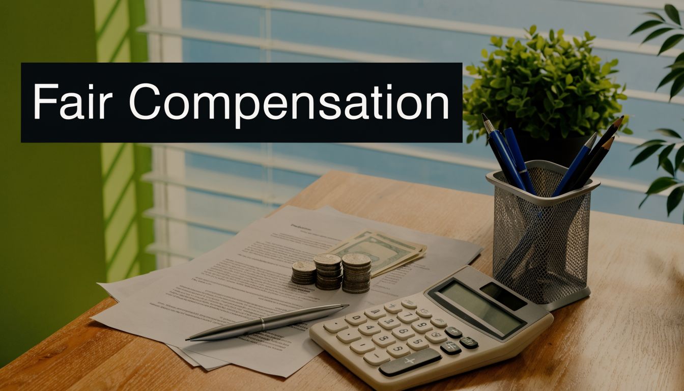 A calculator, coins, and legal documents on a wooden desk representing fair compensation for accident victims.