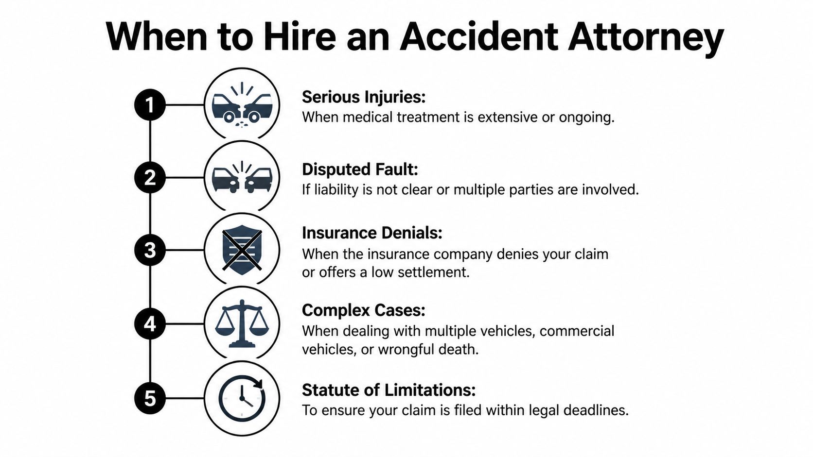 An infographic outlining five key situations when it is necessary to hire a professional accident attorney.