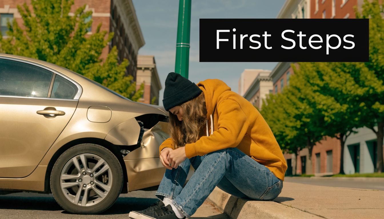 A young person in a hoodie sits upset on a curb next to a car with accident damage.