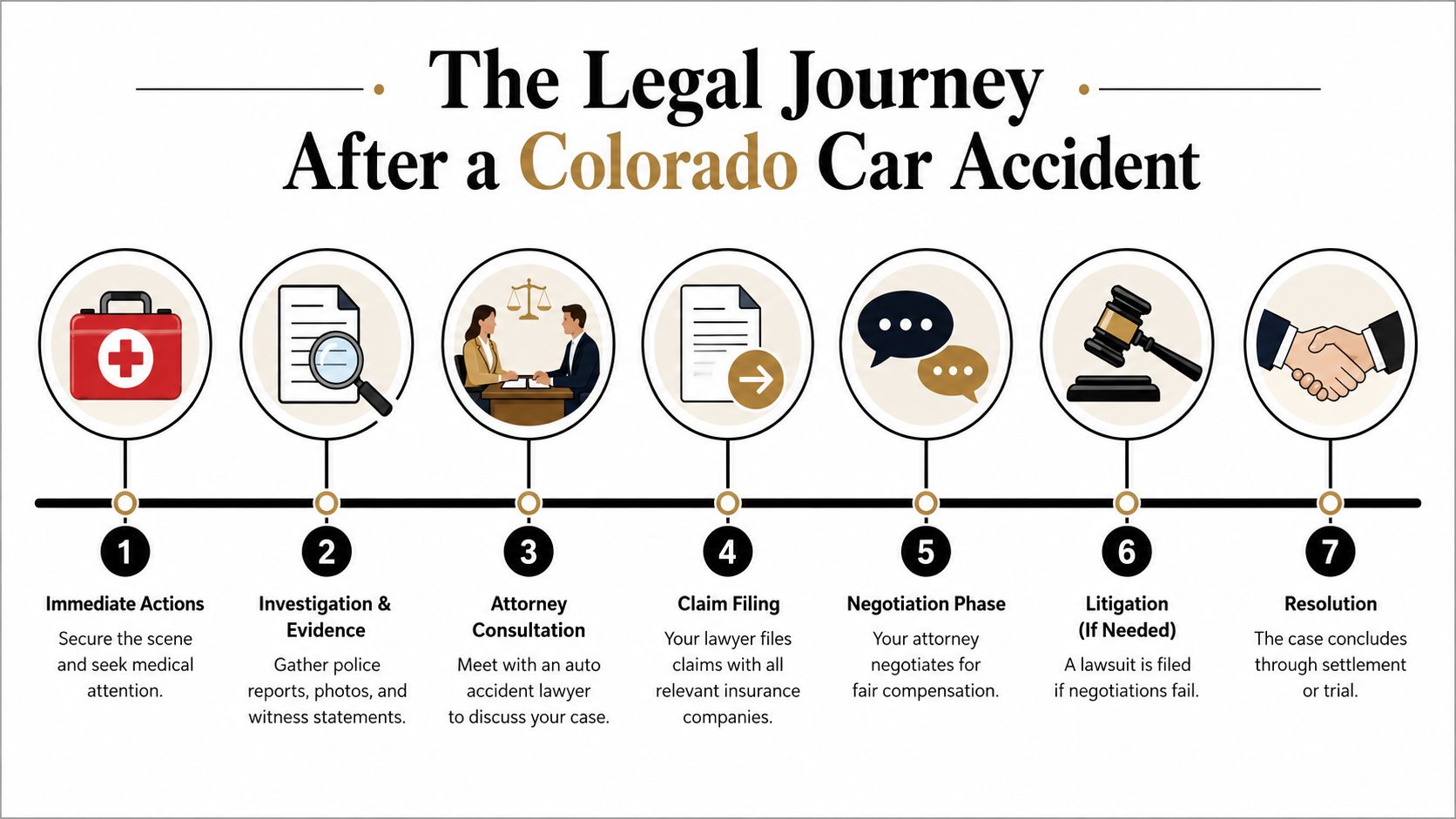 A step-by-step infographic showing the seven-stage legal journey following a car accident in Colorado.