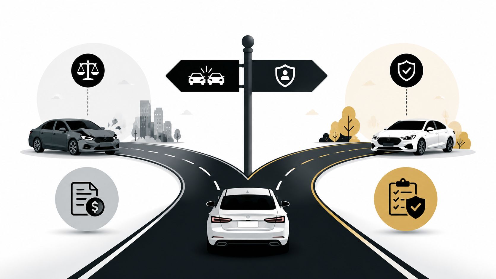 A conceptual road sign illustrating the choice between car accident litigation and secure insurance protection.