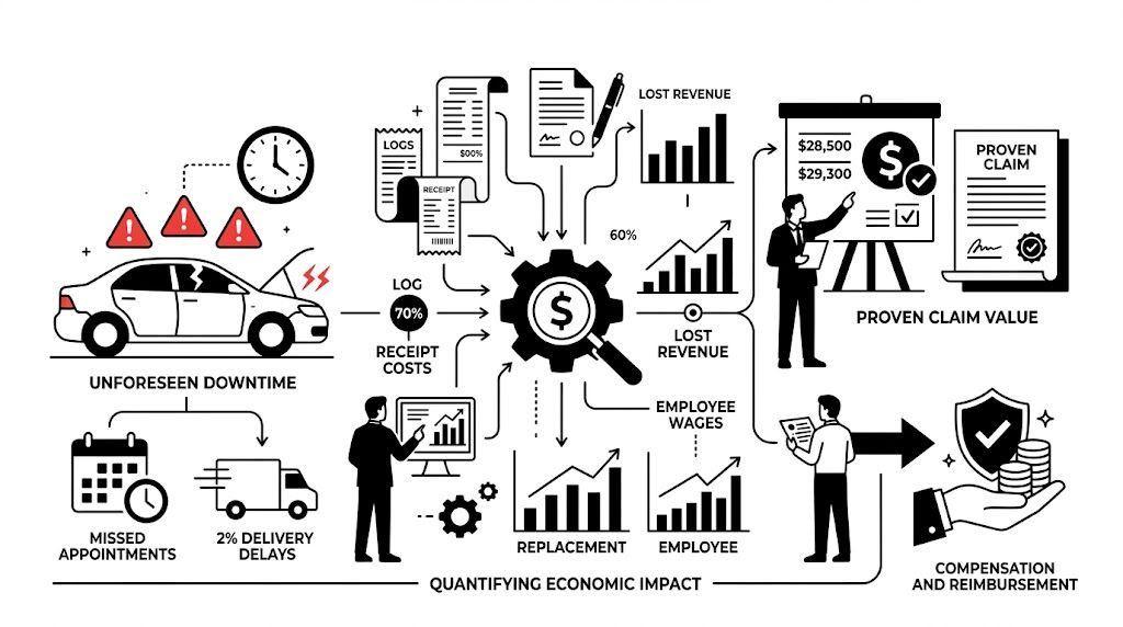A diagram illustrating the financial impact of vehicle downtime, including lost revenue, replacement costs, and compensation claims.