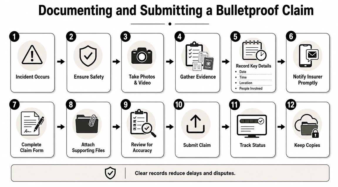 A twelve-step infographic guide on how to document and submit a bulletproof insurance claim effectively.