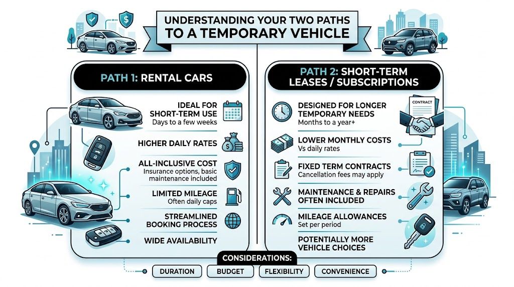 A comparison infographic showing the differences between rental cars and short-term vehicle leases or subscriptions.
