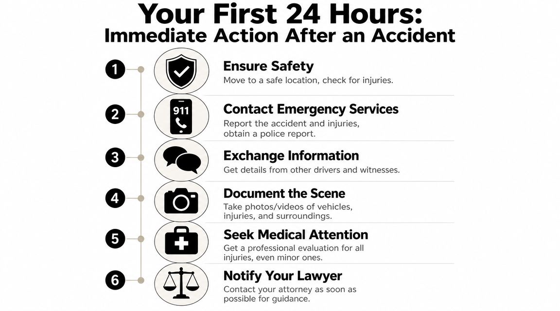 A numbered infographic guide detailing six immediate steps to take after a car accident for safety.