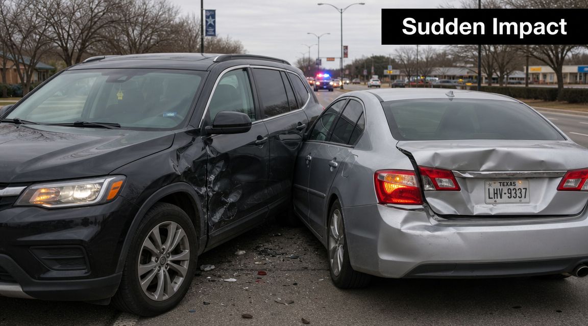 A black SUV and a silver sedan involved in a car crash on a public road.