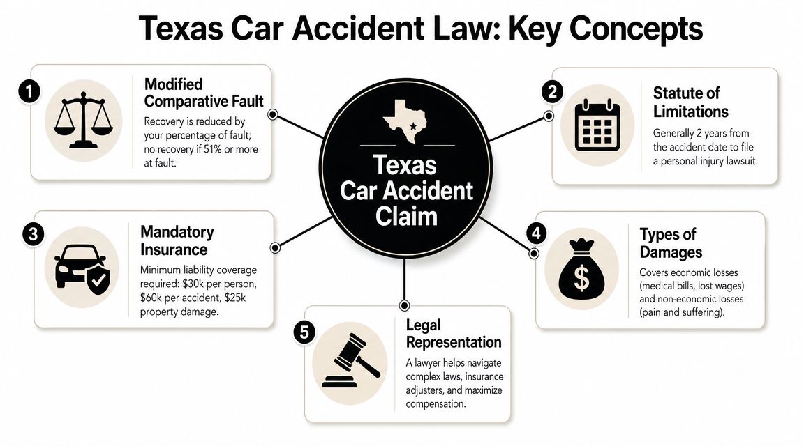 An infographic outlining five key legal concepts regarding Texas car accident claims and personal injury laws.