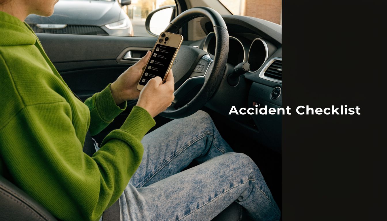 A person sitting in a car driver's seat looking at an accident checklist on their smartphone screen.