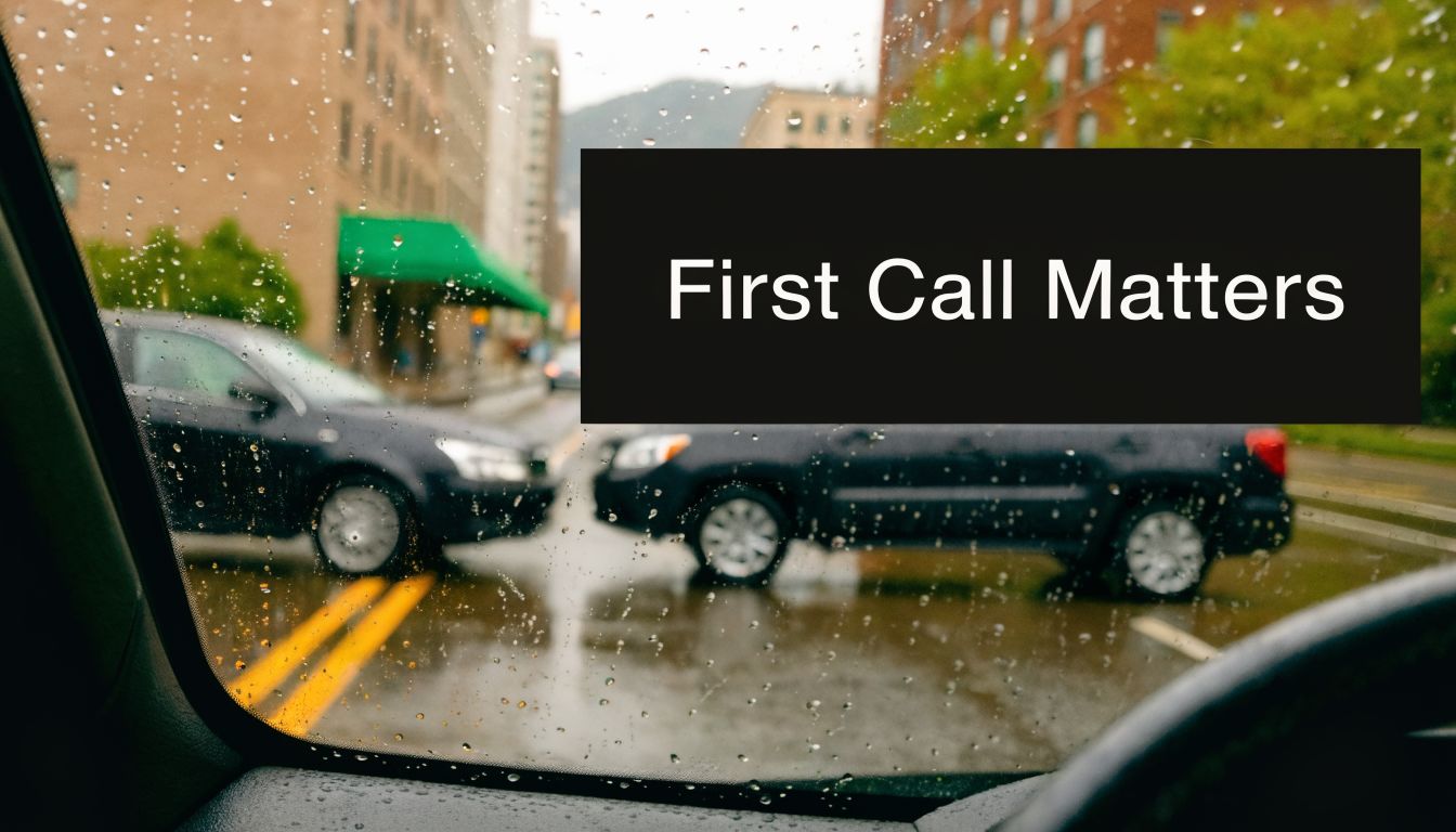 A rainy day scene viewed through a car windshield showing two cars that have collided on the road.