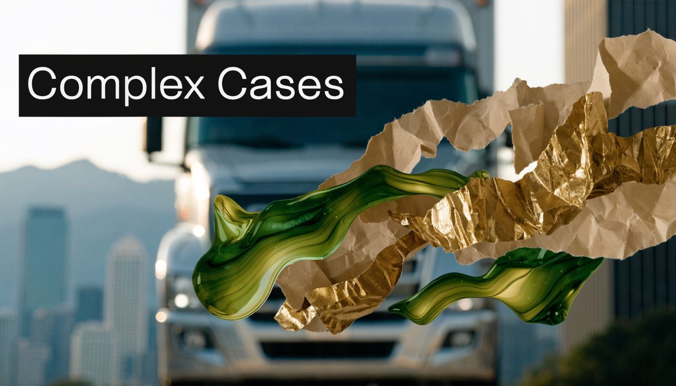 A commercial semi-truck driving on a road, with artistic, abstract paper and glass overlay elements.