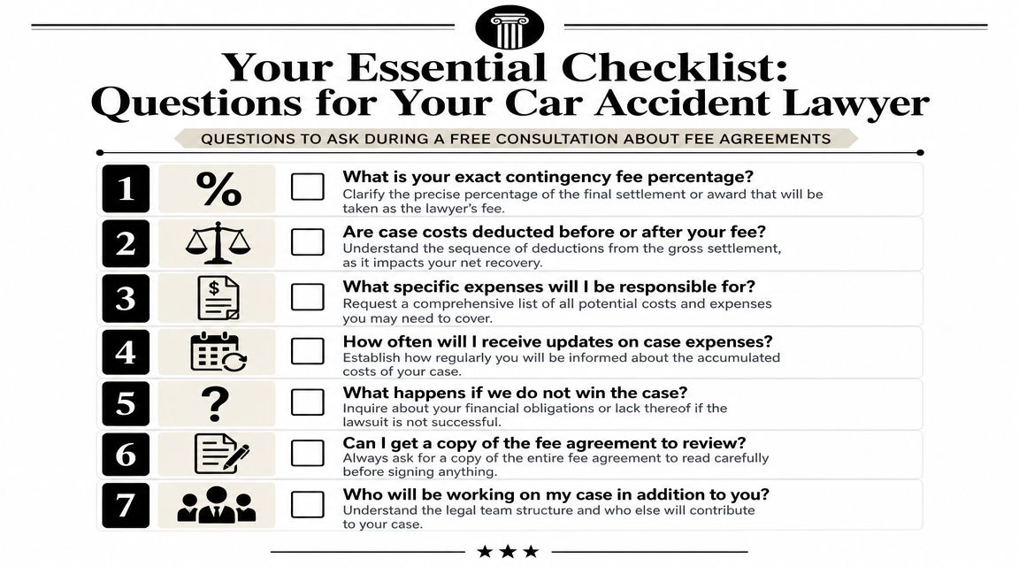 A checklist of seven essential questions to ask a car accident lawyer regarding fee agreements.