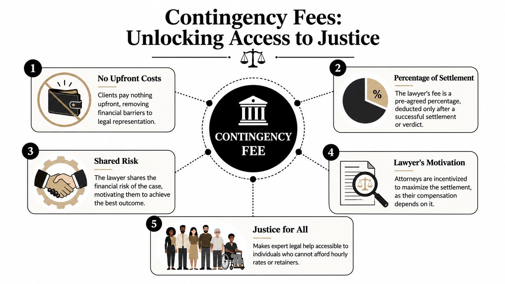An infographic explaining how contingency fee arrangements in legal cases help increase access to justice for clients.