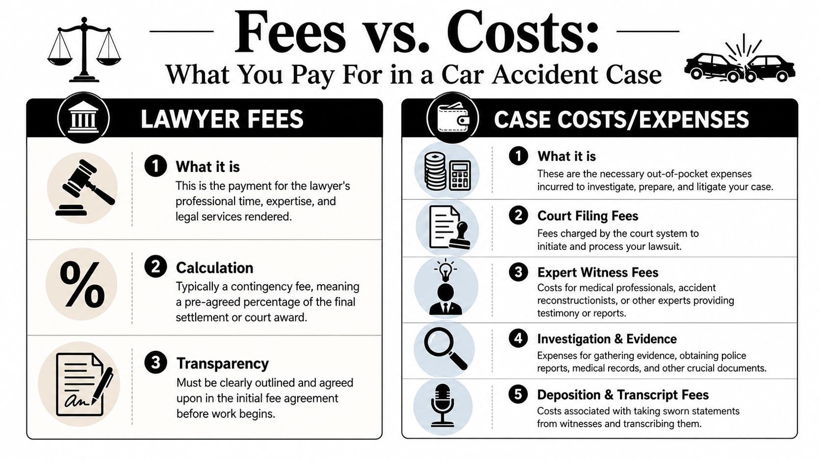 An infographic titled Fees vs Costs explaining the difference between lawyer fees and case expenses for accidents.