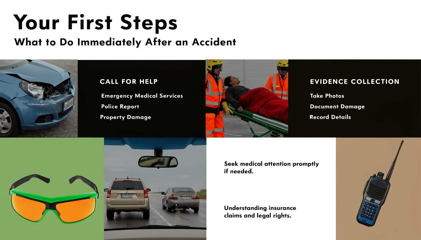 A guide infographic titled Your First Steps showing essential actions to take immediately following a car accident.