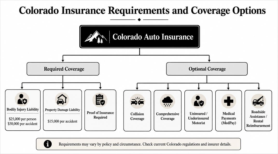 A diagram outlining Colorado auto insurance requirements, including mandatory liability limits and common optional coverage choices.