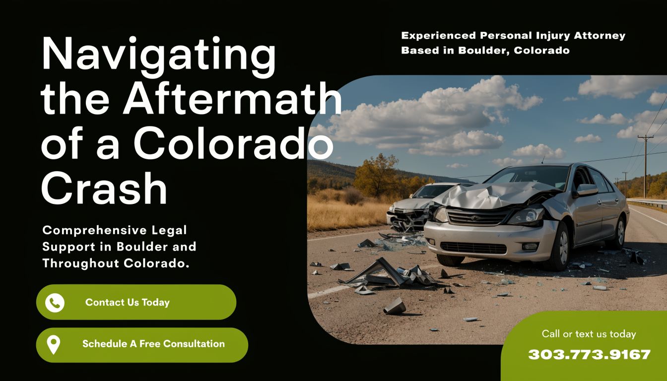 A professional advertisement for a personal injury attorney offering legal services for car accidents in Colorado.