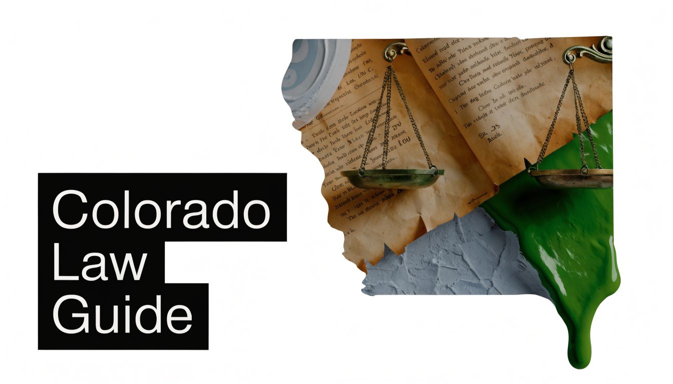 A graphic featuring a stylized map of Colorado with legal scales, parchment, and green dripping paint.