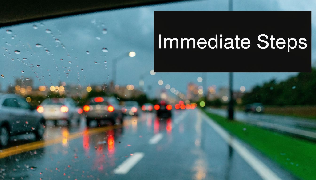 A rainy road view through a car windshield with traffic and city lights at dusk.