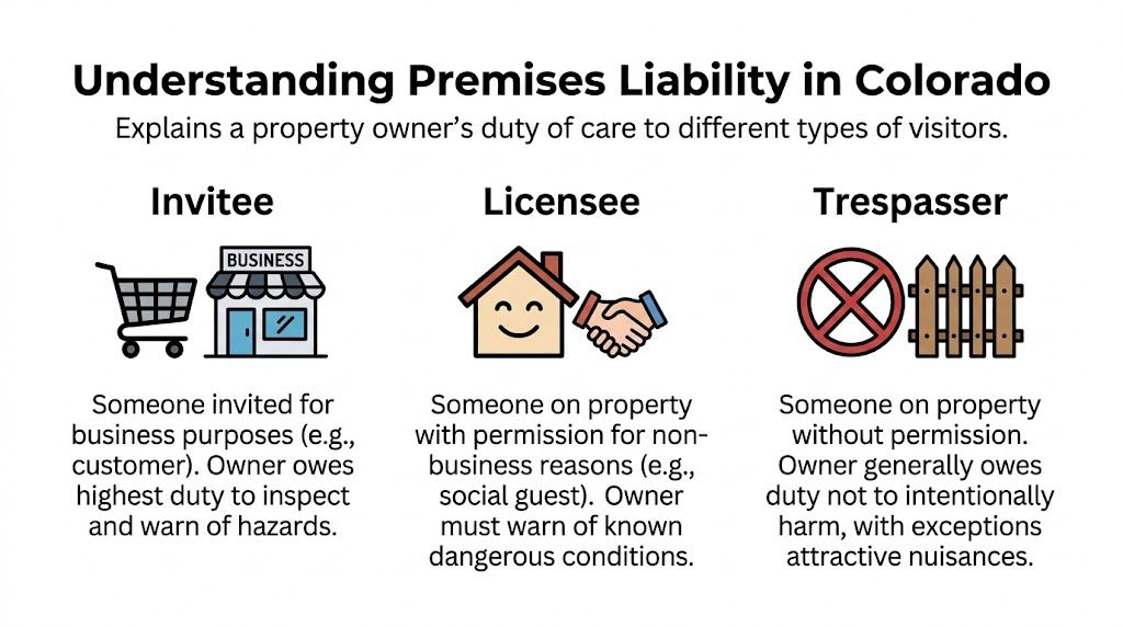 A chart explaining Colorado premises liability laws for invitees, licensees, and trespassers regarding property owner duties.