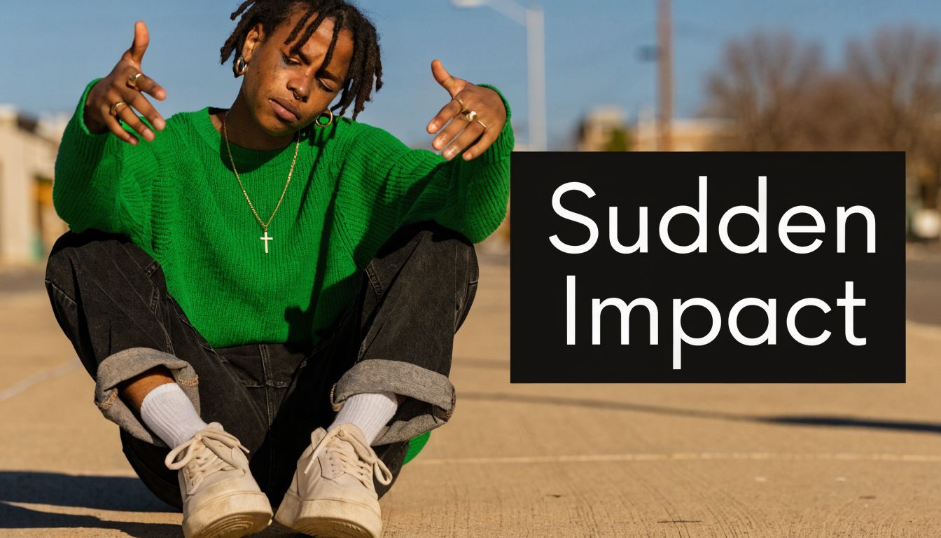 A young person sitting on pavement in a bright green sweater with the words Sudden Impact overlayed.