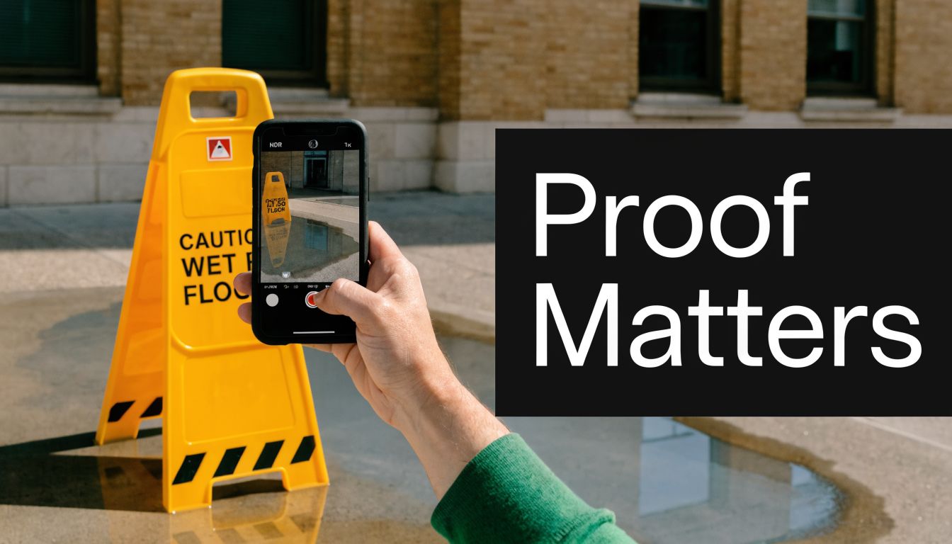 A person using a smartphone to photograph a yellow wet floor caution sign near a puddle.