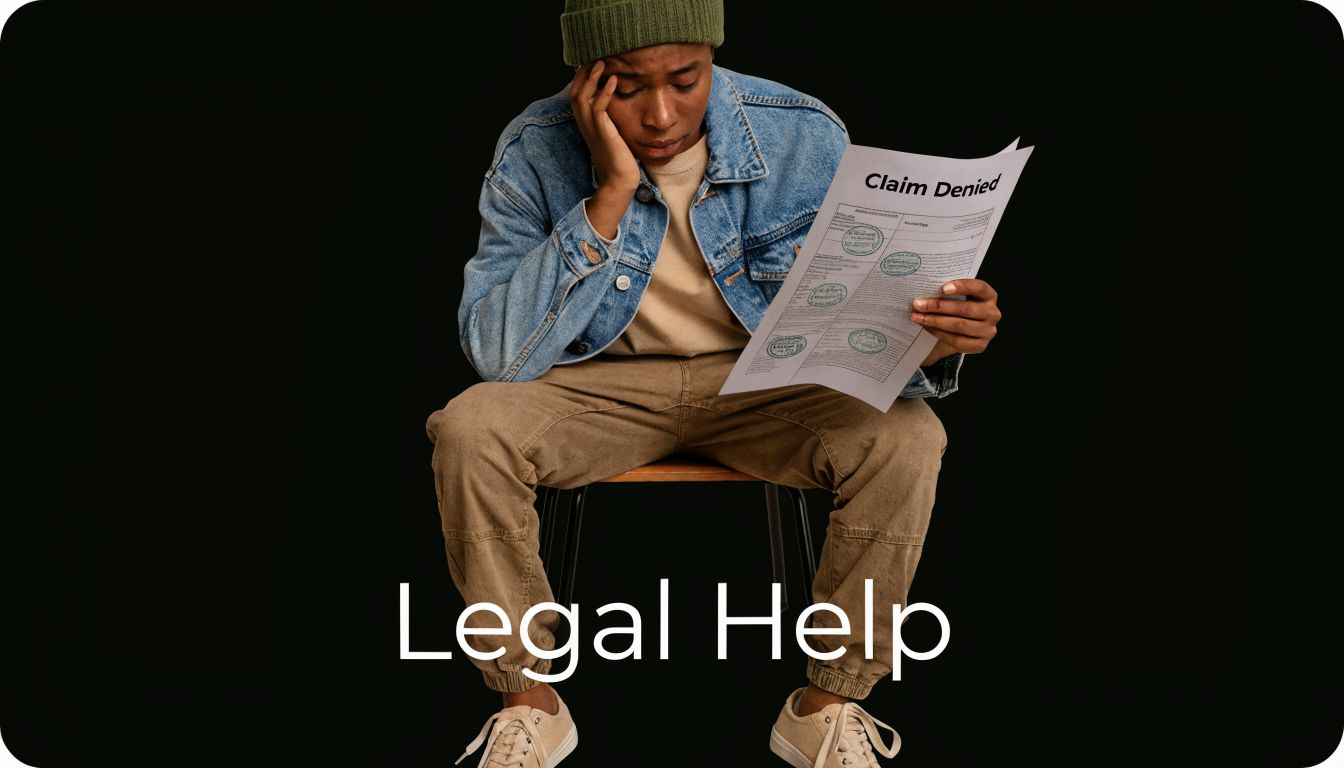 A person sitting on a chair looking stressed while holding a document titled Claim Denied.