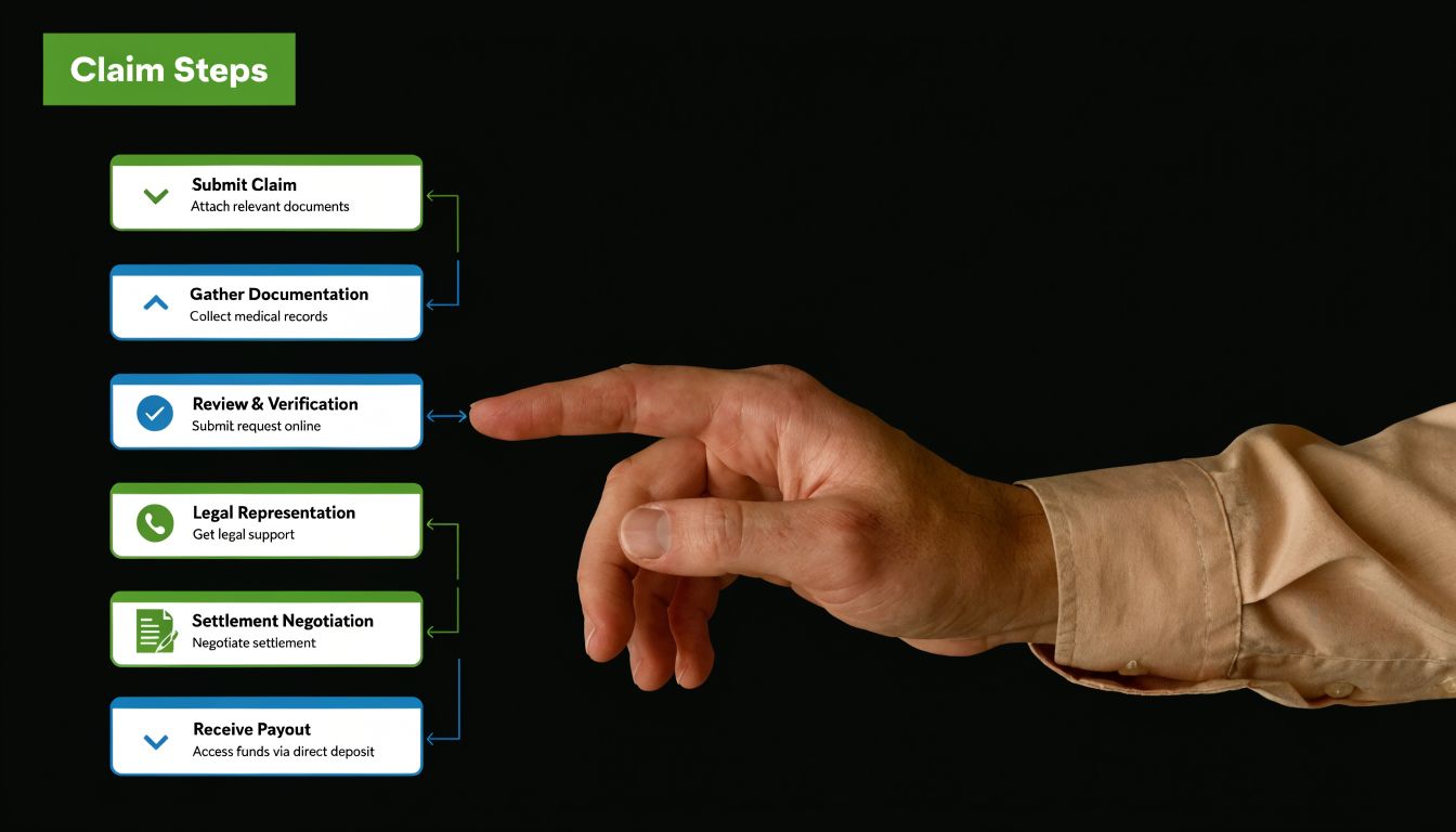 A hand points towards a six-step claim process chart for managing injury cases, displayed on a black background.
