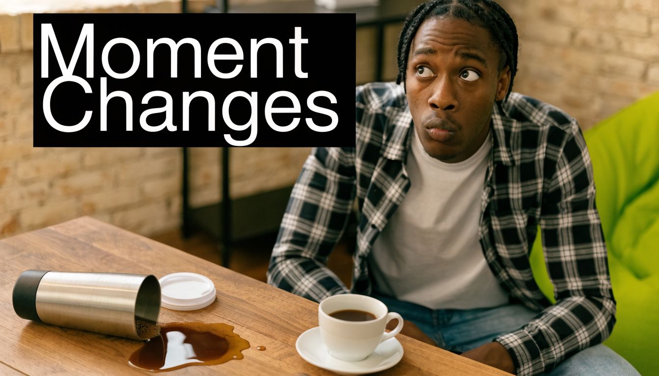 A concerned young man looking at a spilled coffee mug on a wooden office desk.