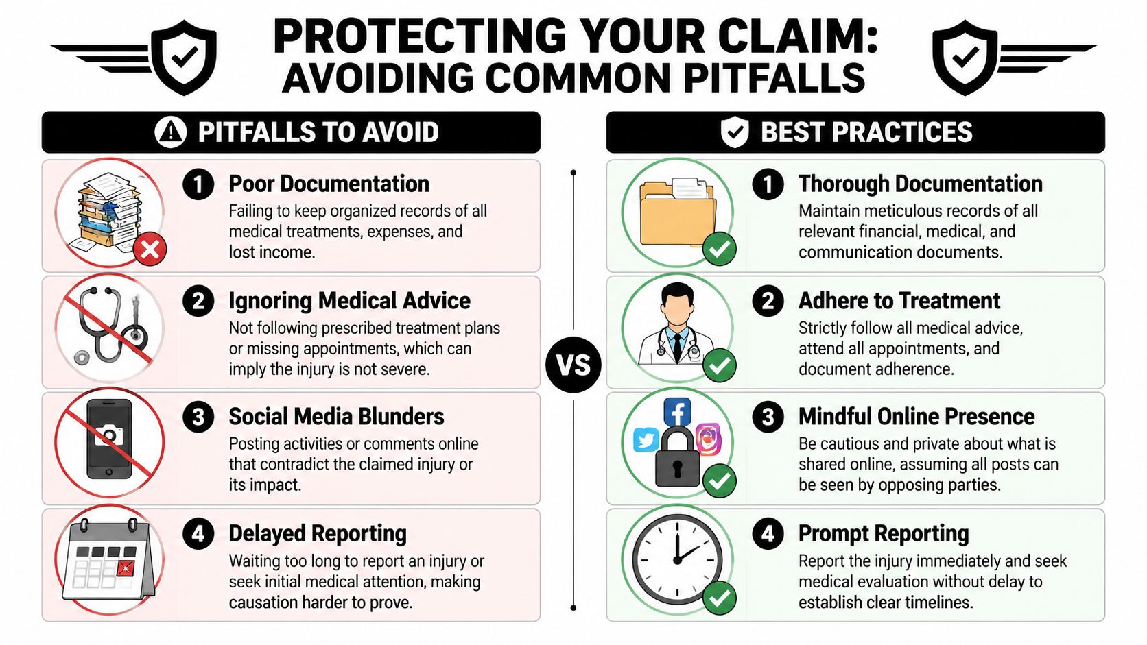 An infographic comparing common pitfalls to avoid versus best practices for protecting an insurance claim.