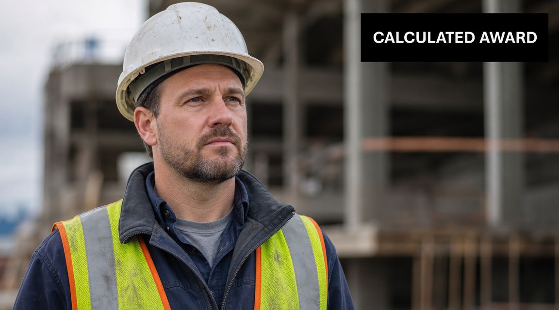 A construction site foreman wearing a hard hat and high visibility vest looking toward a project site.