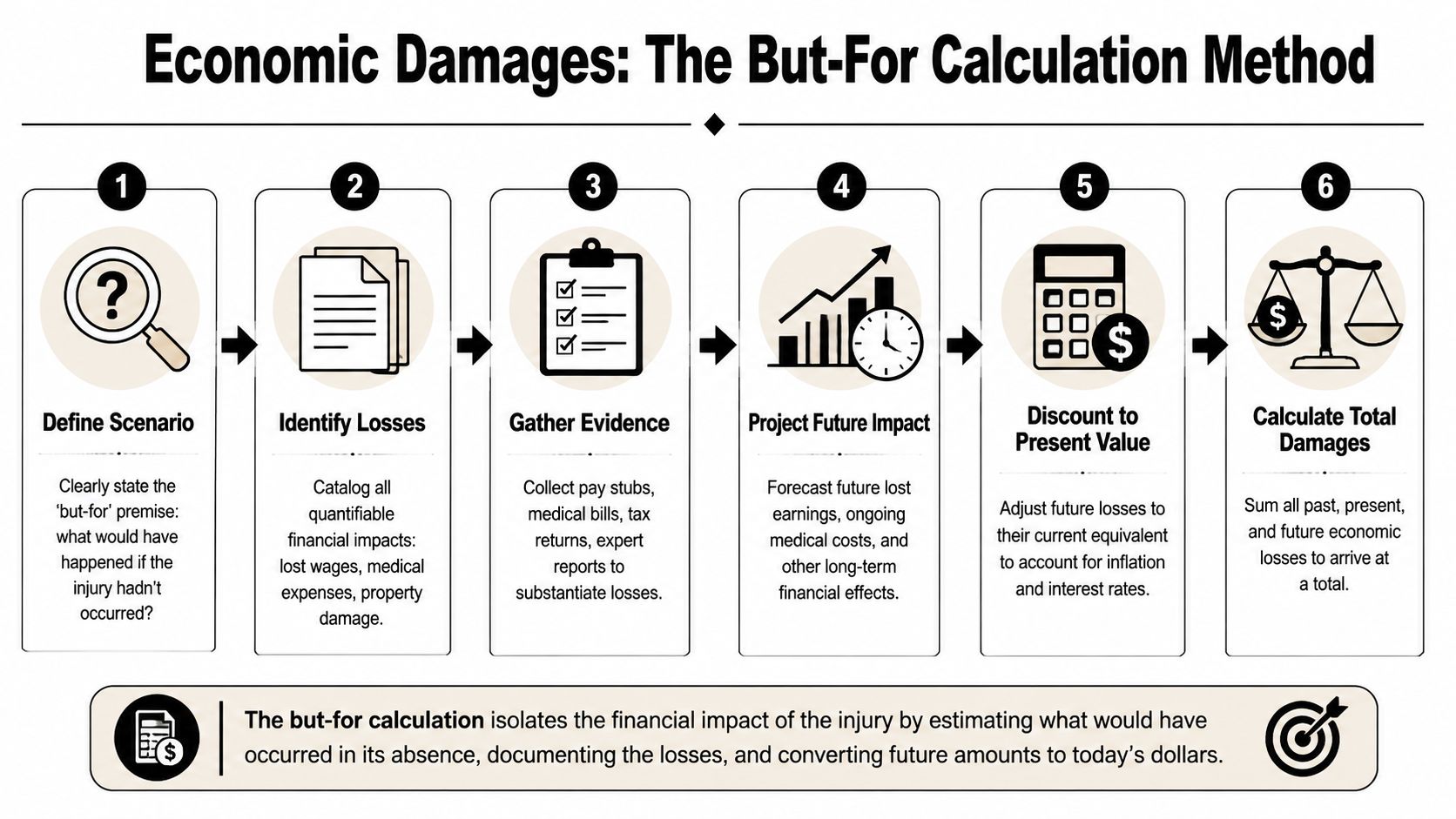 A six-step infographic illustrating the but-for calculation method for determining economic damages in legal and financial cases.