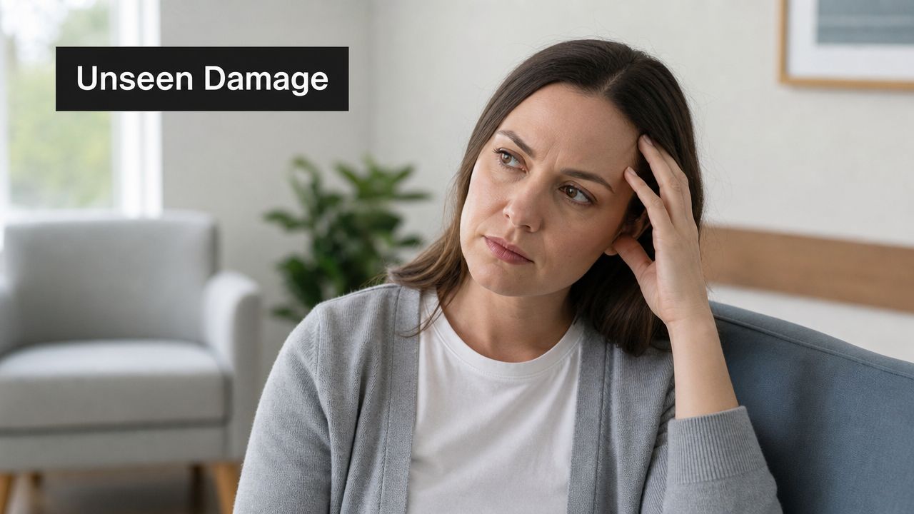 A concerned woman sits thoughtfully with her hand to her head, representing unseen damage or health concerns.