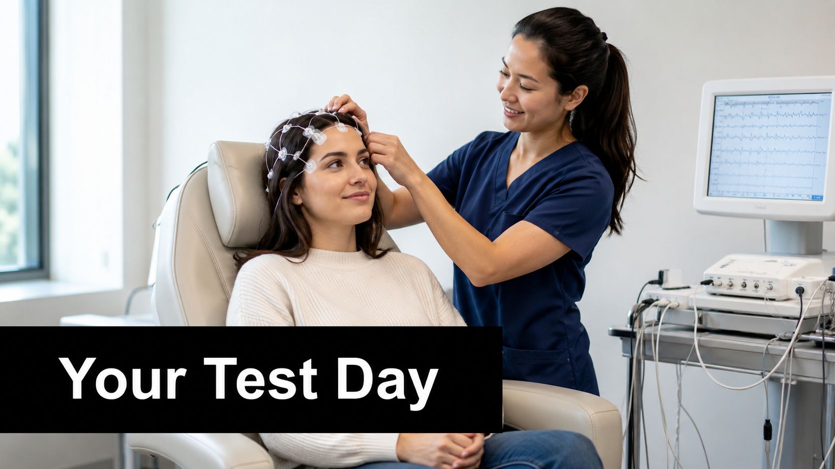 A smiling patient receives an EEG evoked potential test in a clinical setting from a healthcare professional.