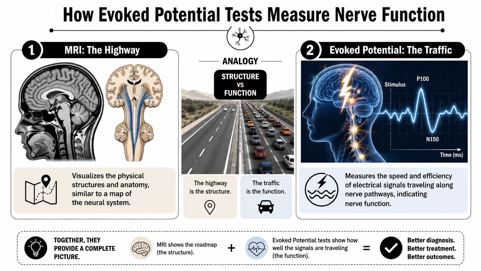 An infographic illustrating how MRI scans and evoked potential tests work together to analyze nervous system health.