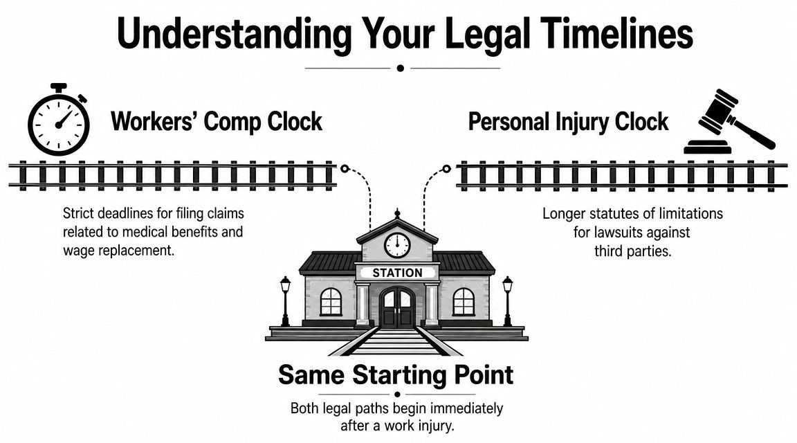A diagram comparing workers' compensation and personal injury timelines starting from a work injury station.