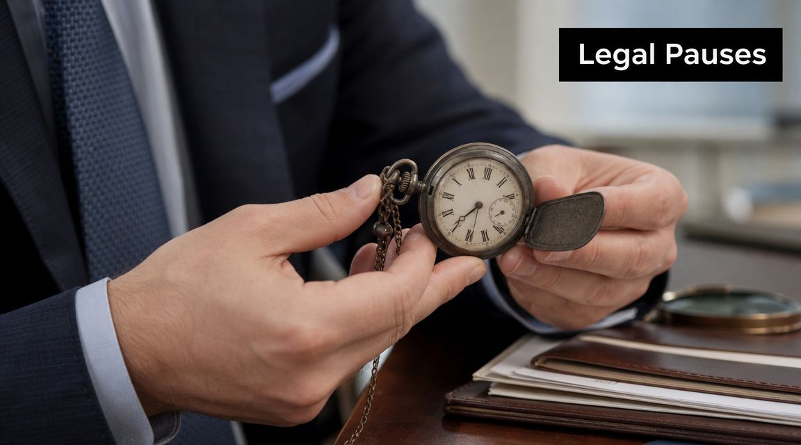 A professional in a suit holds an antique pocket watch, illustrating the concept of legal pauses and timing.