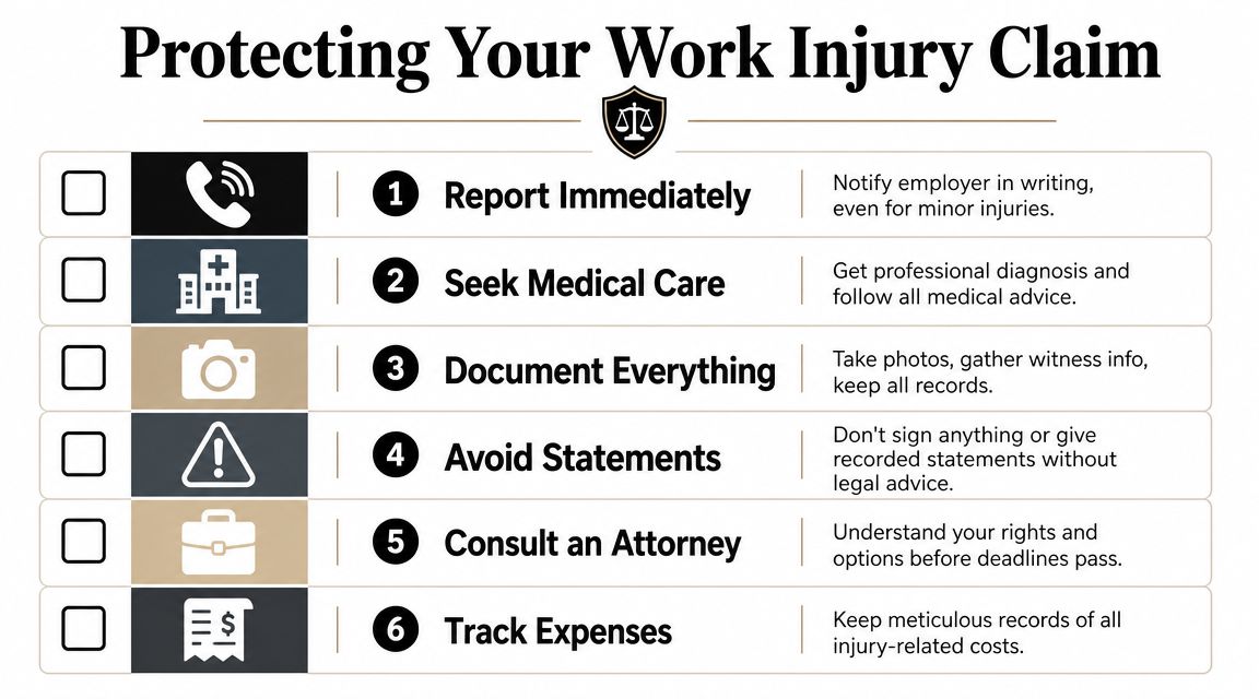 A checklist infographic titled Protecting Your Work Injury Claim with six essential steps for injured employees.