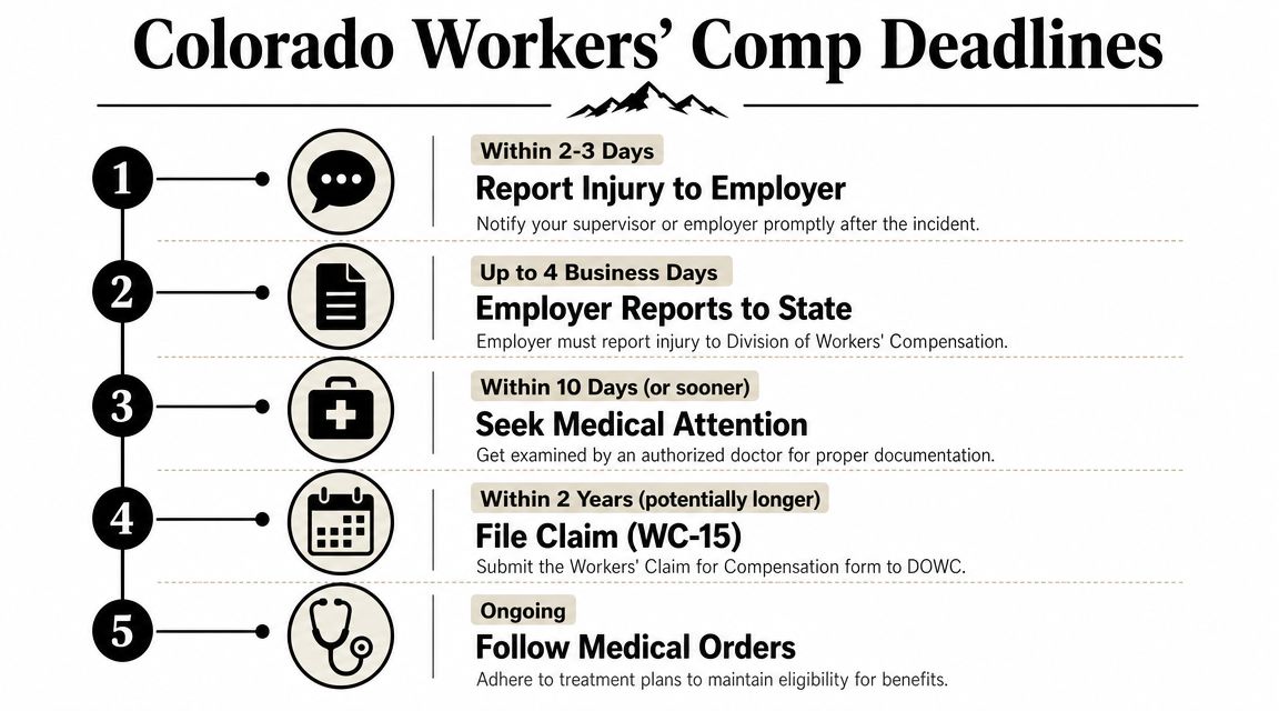 A step-by-step infographic detailing Colorado workers compensation reporting and claim filing deadlines for injured employees.