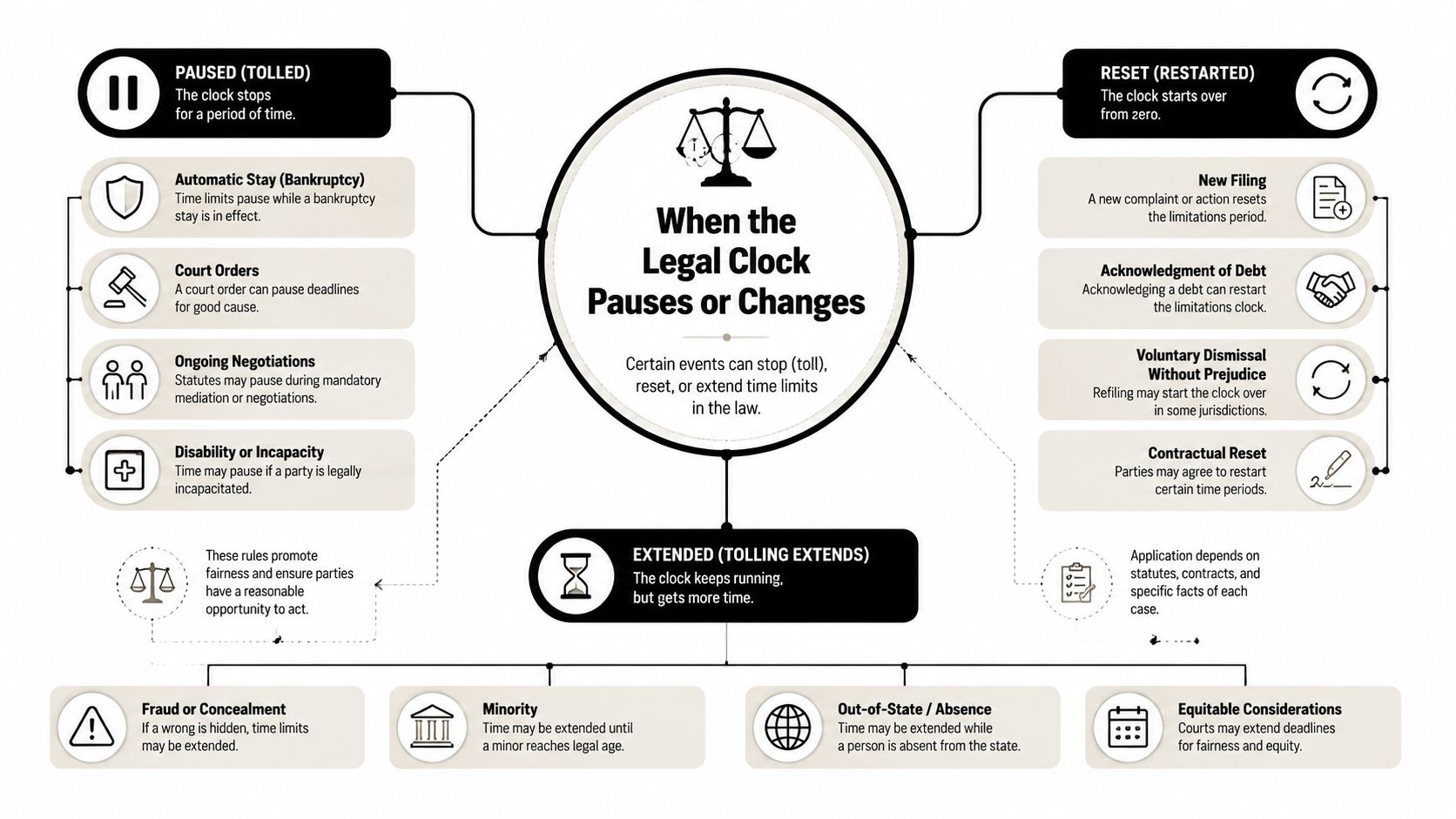 An infographic showing how legal time limits can be paused, reset, or extended in various situations.