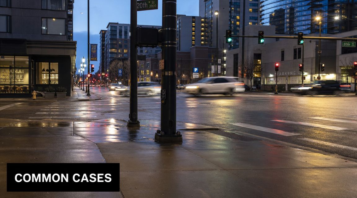 A bustling city intersection at dusk with motion-blurred cars driving past buildings under streetlights.
