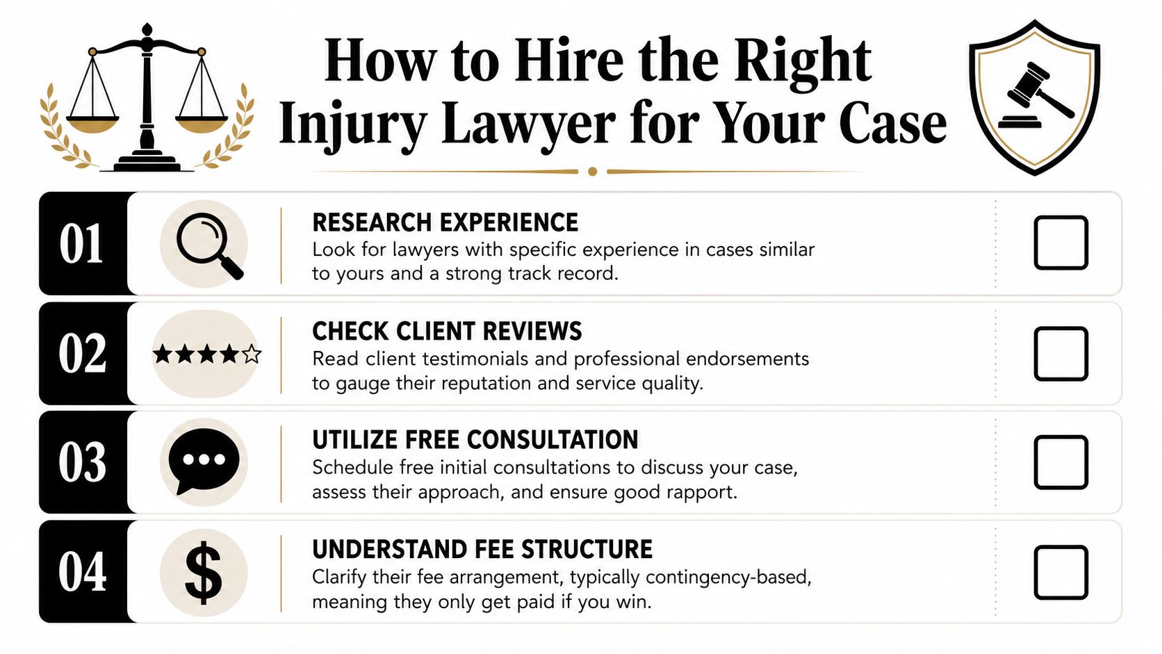 A helpful infographic showing four essential steps to hiring the right personal injury lawyer for your legal case.